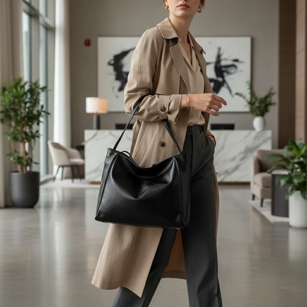 Women's Large Capacity Black PU Leather Tote Bag - Retro Soft Shoulder Bag & Fashion Underarm Pouch - Image 3