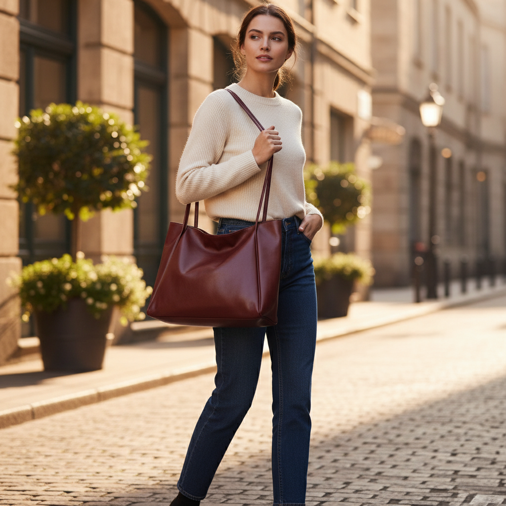 Women's Large Capacity Soft PU Leather Tote Bag - Retro Underarm Shoulder Pouch, Burgundy - Image 4