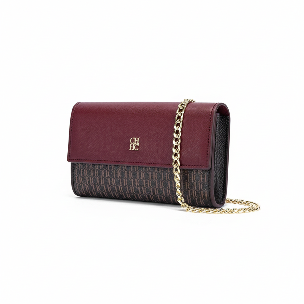 CHCH Women's Small Square Shoulder Bag - Burgundy and Brown Patterned Wallet Bag with Magnetic Flip and Gold Chain Strap