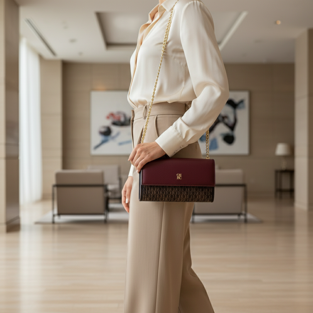 CHCH Women's Small Square Shoulder Bag - Burgundy and Brown Patterned Wallet Bag with Magnetic Flip and Gold Chain Strap - Image 3