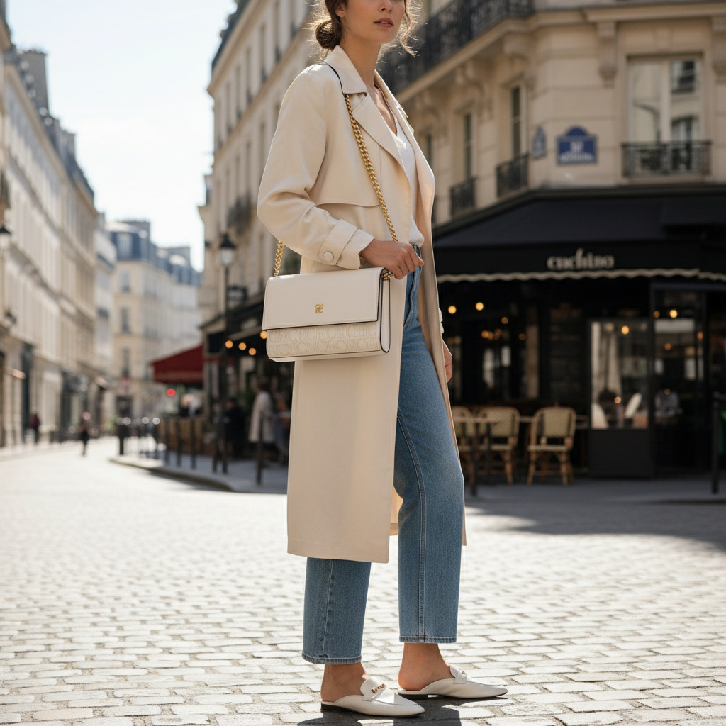 CHCH Women's Small Square Shoulder Bag - Magnetic Flip Handbag with Gold Chain Strap - White - Image 4