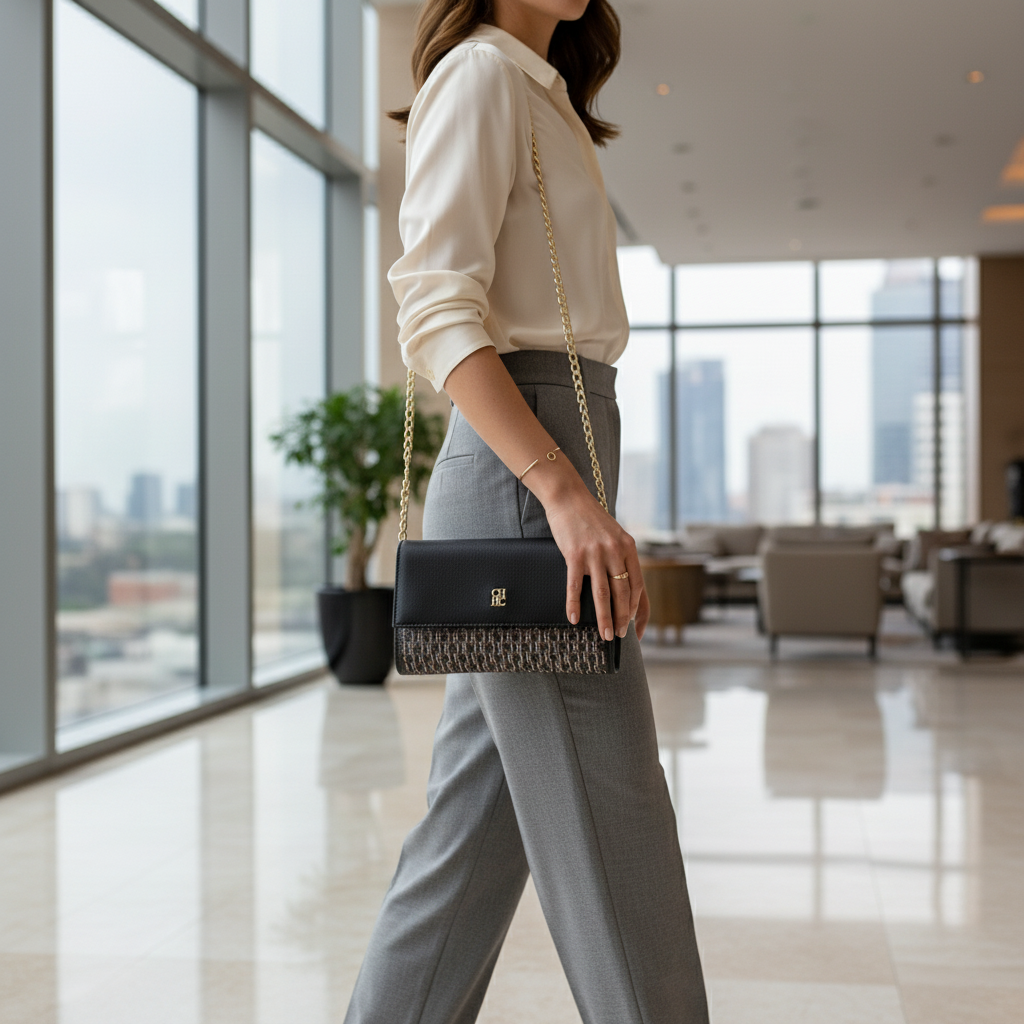 CHCH Women's Small Square Shoulder Bag - Magnetic Flip Chain Crossbody Bag with Monogram Pattern, Black - Image 3