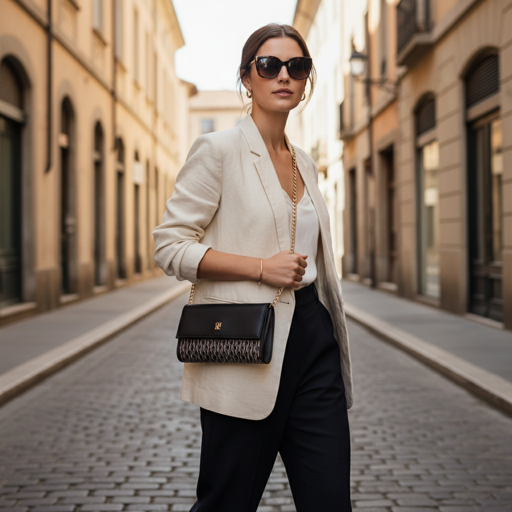 CHCH Women's Small Square Shoulder Bag - Magnetic Flip Chain Crossbody Bag with Monogram Pattern, Black - Image 4