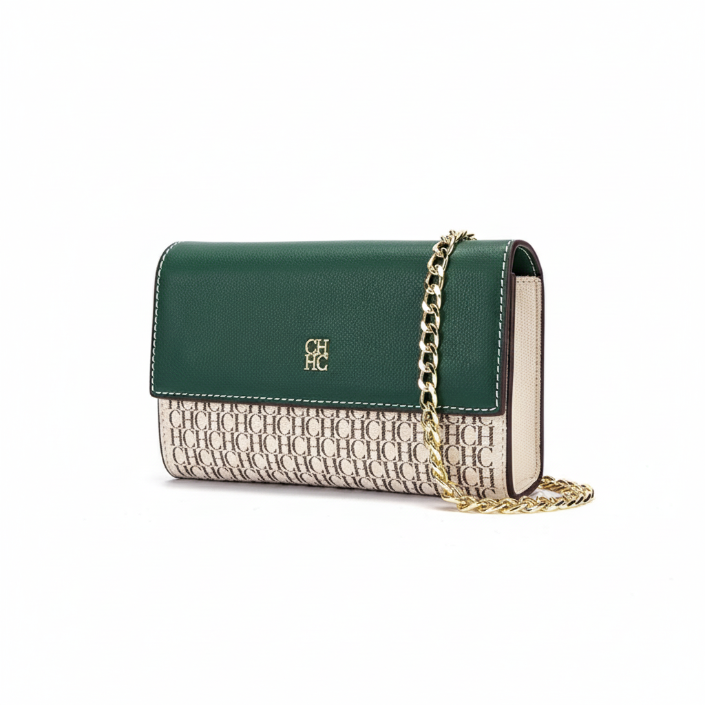 CHCH Women's Small Square Shoulder Bag - Green Magnetic Flip Chain Crossbody Wallet with Monogram Pattern