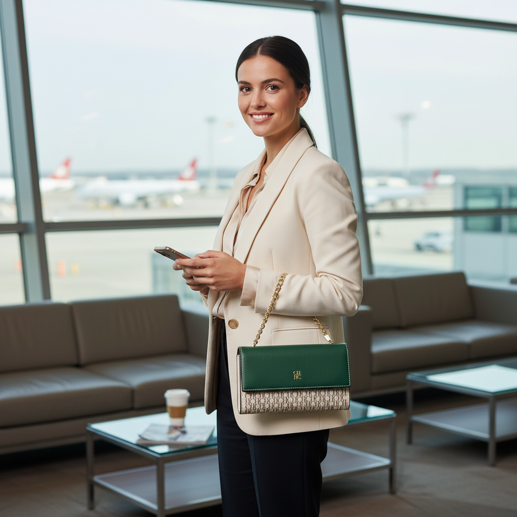 CHCH Women's Small Square Shoulder Bag - Green Magnetic Flip Chain Crossbody Wallet with Monogram Pattern - Image 5