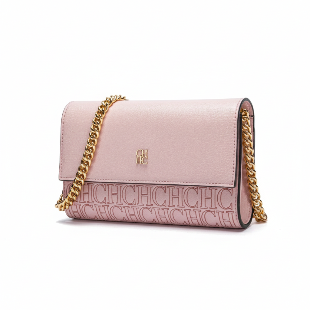 CHCH Women's Small Pink Shoulder Bag - Magnetic Flip Square Bag with Gold Chain Strap and Logo Pattern