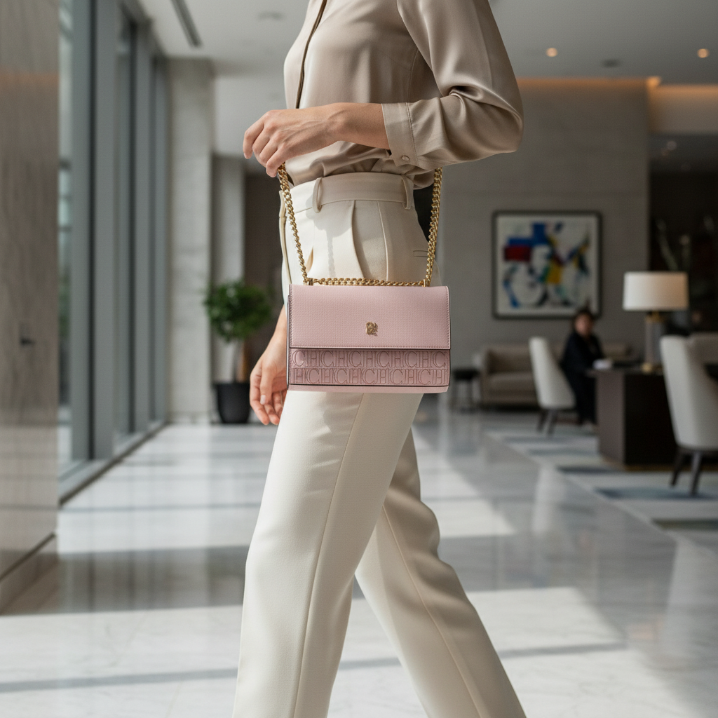 CHCH Women's Small Pink Shoulder Bag - Magnetic Flip Square Bag with Gold Chain Strap and Logo Pattern - Image 3