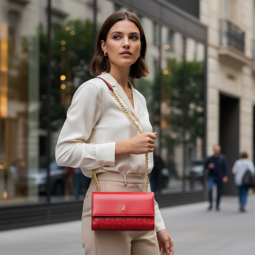 CHCH Women's Red Magnetic Flip Shoulder Bag - Small Square Chain Bag and Wallet with Gold Chain Strap - Image 3