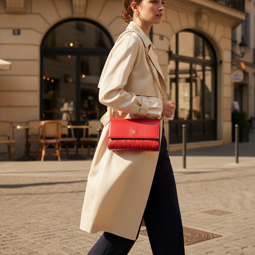 CHCH Women's Red Magnetic Flip Shoulder Bag - Small Square Chain Bag and Wallet with Gold Chain Strap - Image 4