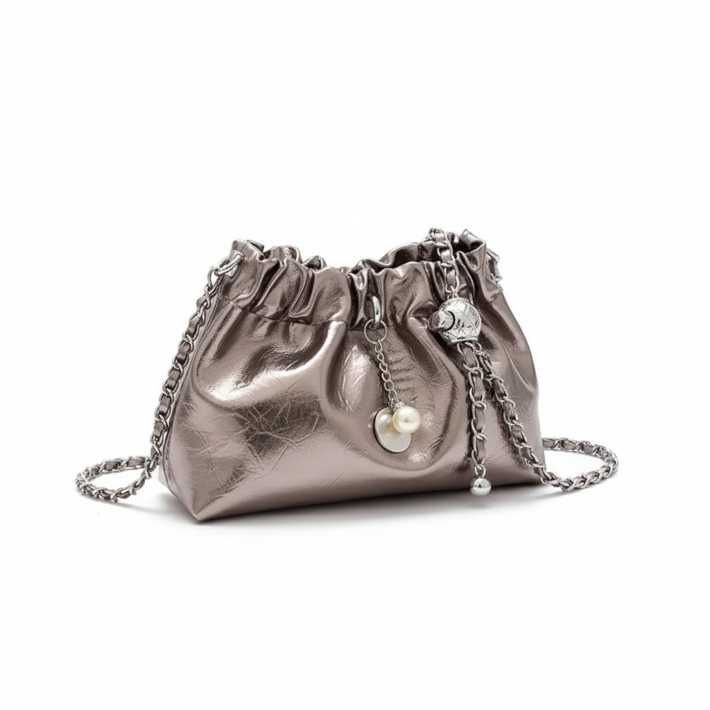 Women's Y2K Metallic Bucket Shoulder Bag - Fashion Millennium Chain Messenger Crossbody Bag, Summer Handbag