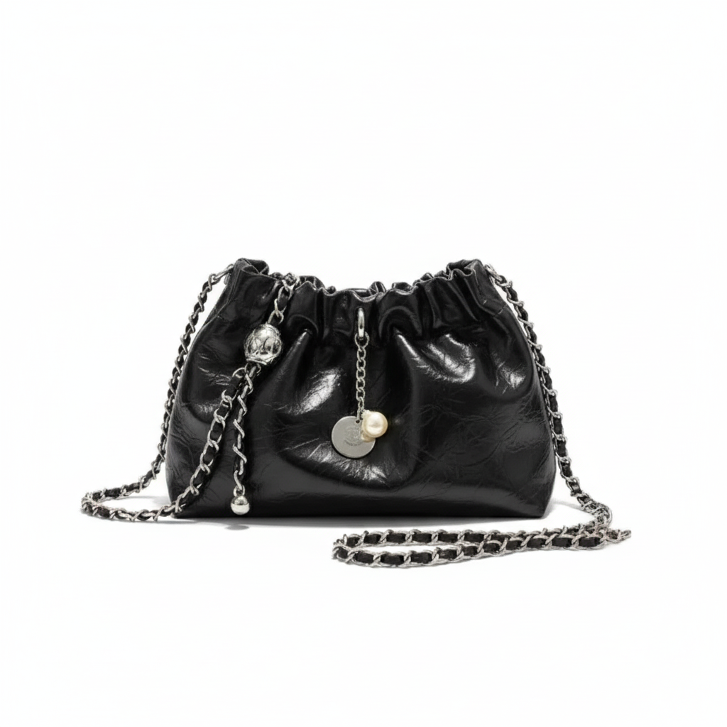 Women's Y2K Millennium Black Bucket Bag - High Sense Fashion Shoulder & Crossbody Bag with Silver Chain Strap and Pearl Charm