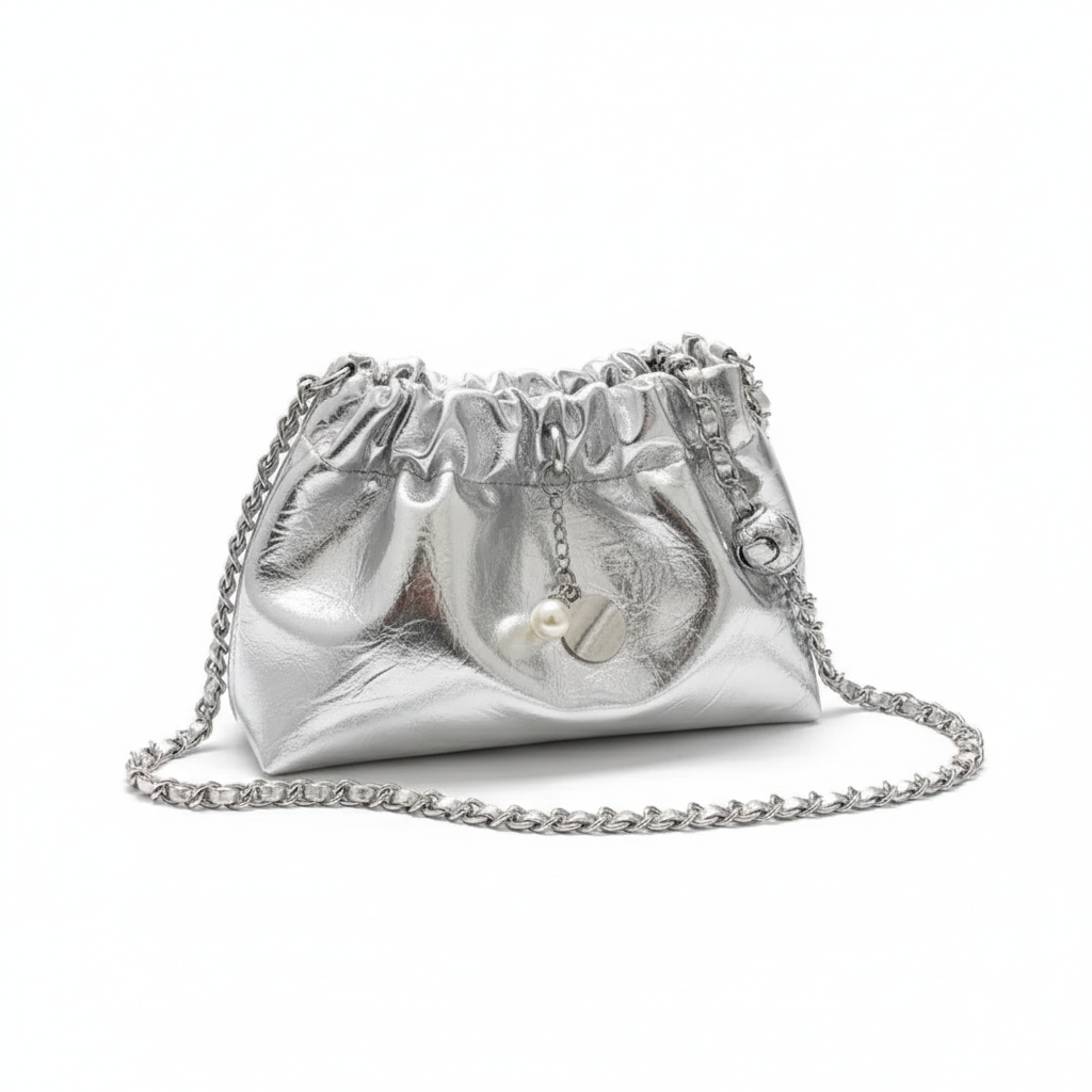 Women's Silver Metallic Y2K Bucket Bag - High Sense Shoulder & Crossbody Messenger Purse with Chain Strap and Pearl Accents - Summer Fashion Handbag
